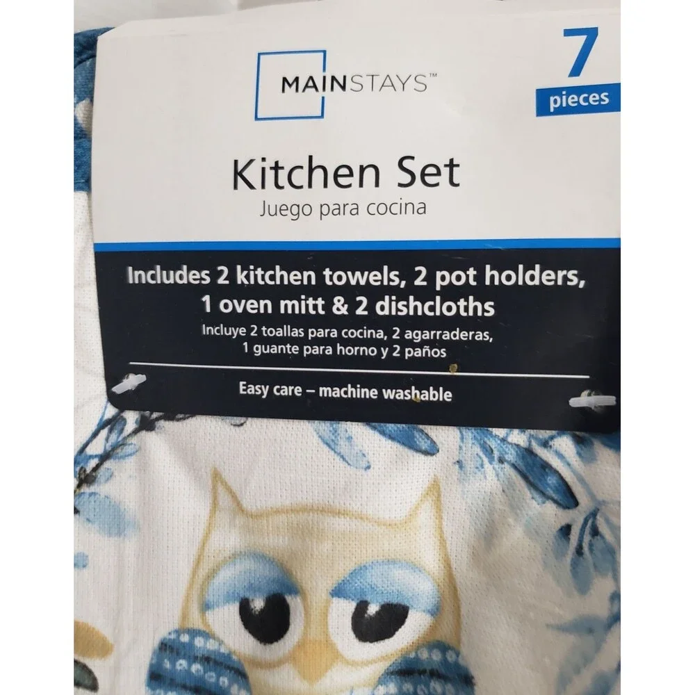 7pc Kitchen Set: 2 Pot Holders, 1 Oven Mitt, 2Dishcloths & 2 Towels,CUTE OWLS,MS
